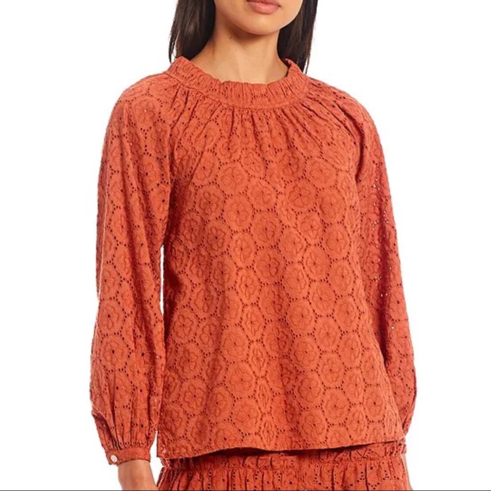 Roberta Roller Rabbit Eyelet Top Glyn Gathered Jewel Neck Blouson Sleeve Size XS